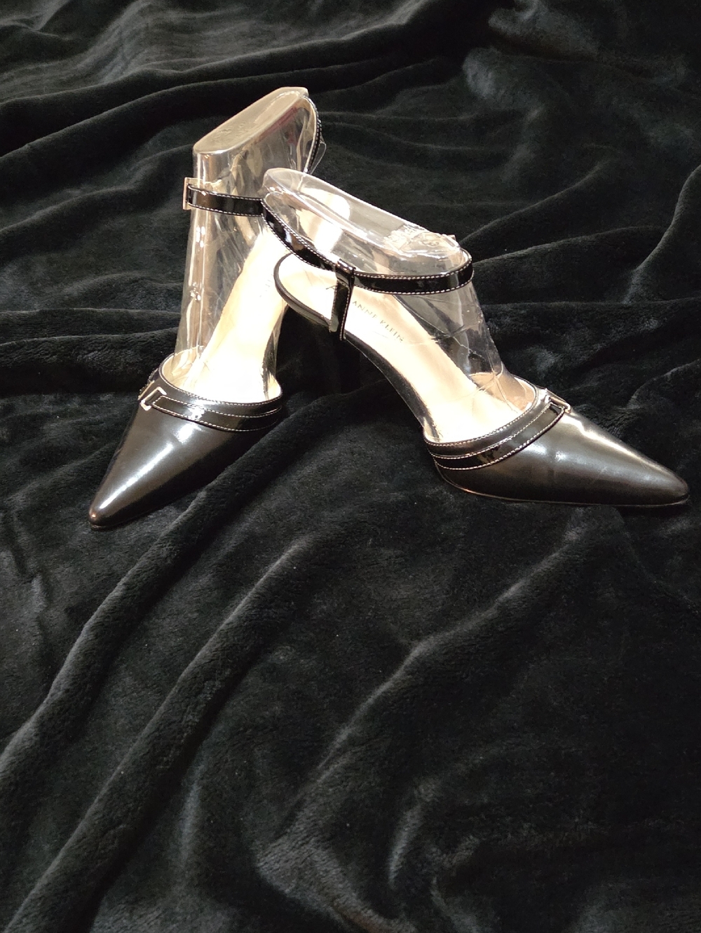 Anne Klein Black Patent Pointed Ankle-Strap Heels - Picture 3 of 3